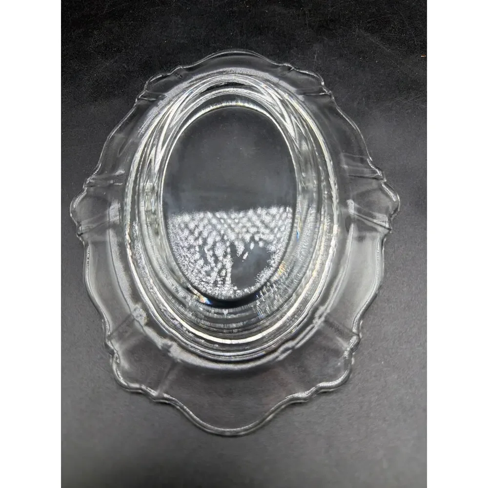 Vintage Clear Glass Butter Dish Embossed Aluminum Hibiscus Floral lid Bakelite
